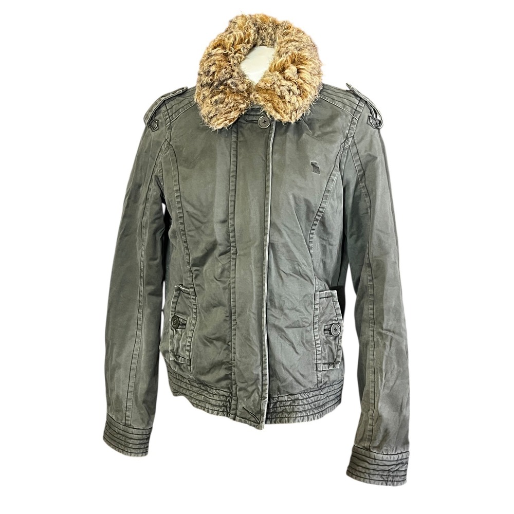 Abercrombie Fitch Womens Military Style Jacket Fur Collar Green Utility Sz M